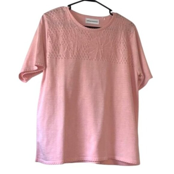 Alfred Dunner Pink Short-Sleeve Knit Top With Floral Lace Detail Womens Size L - Picture 1 of 9